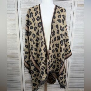 Leopard Print Poncho/Shawl with Fringe Hem Neutral/Black Multi-OSFM